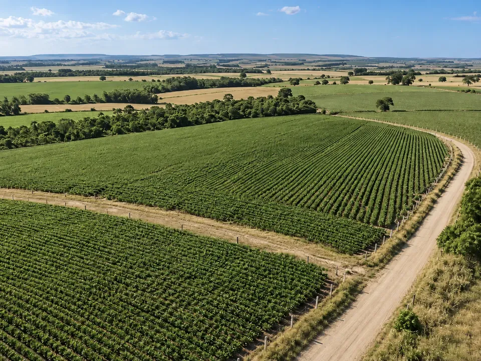 Lavoura e estrada de terra em propriedade rural do Oeste Paulista