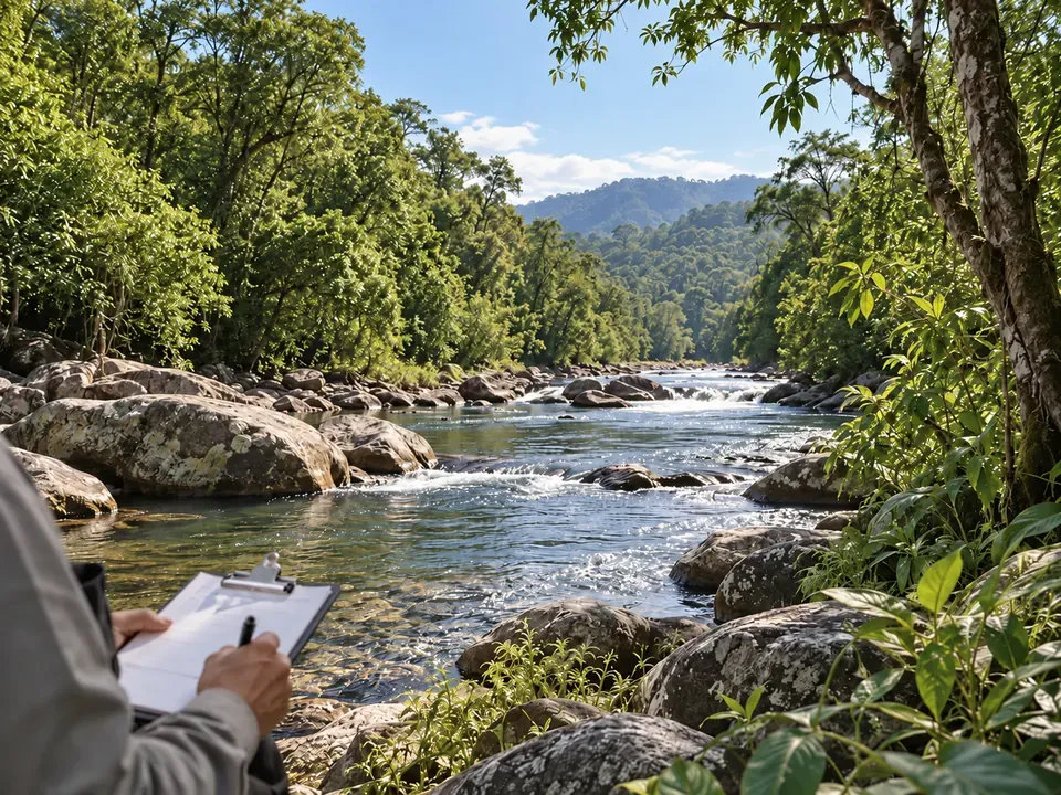 Rio com mata ciliar preservada e prancheta com documentos ambientais