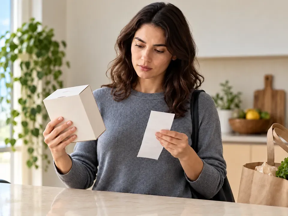 Consumidora conferindo nota fiscal de um produto comprado