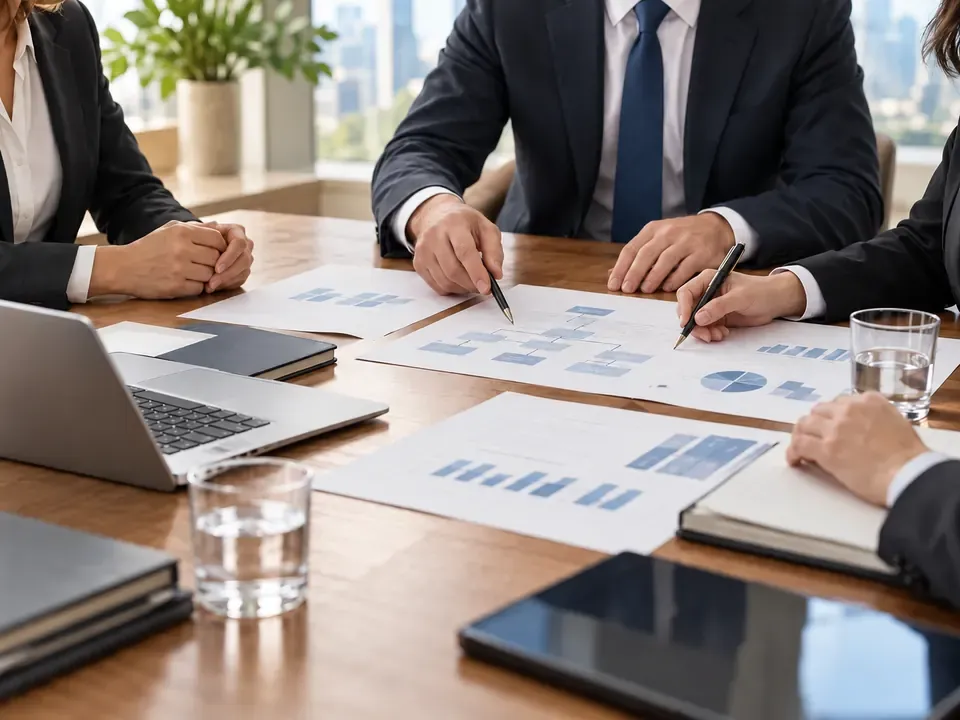Reunião de sócios com contratos e gráficos sobre a mesa